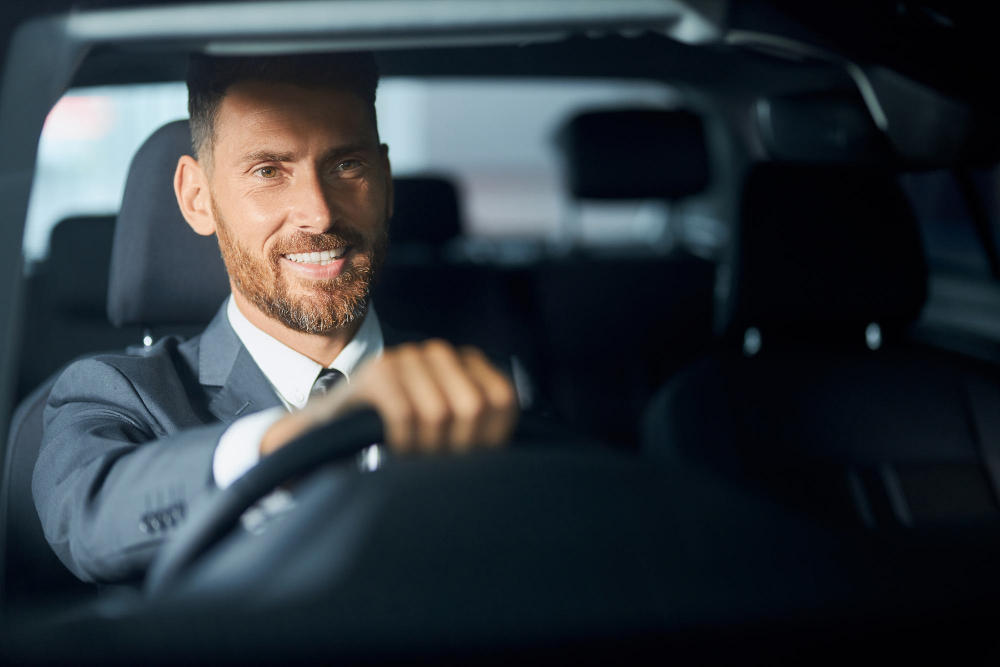 Elysium Transfer Milos chauffeur in a suit driving a client