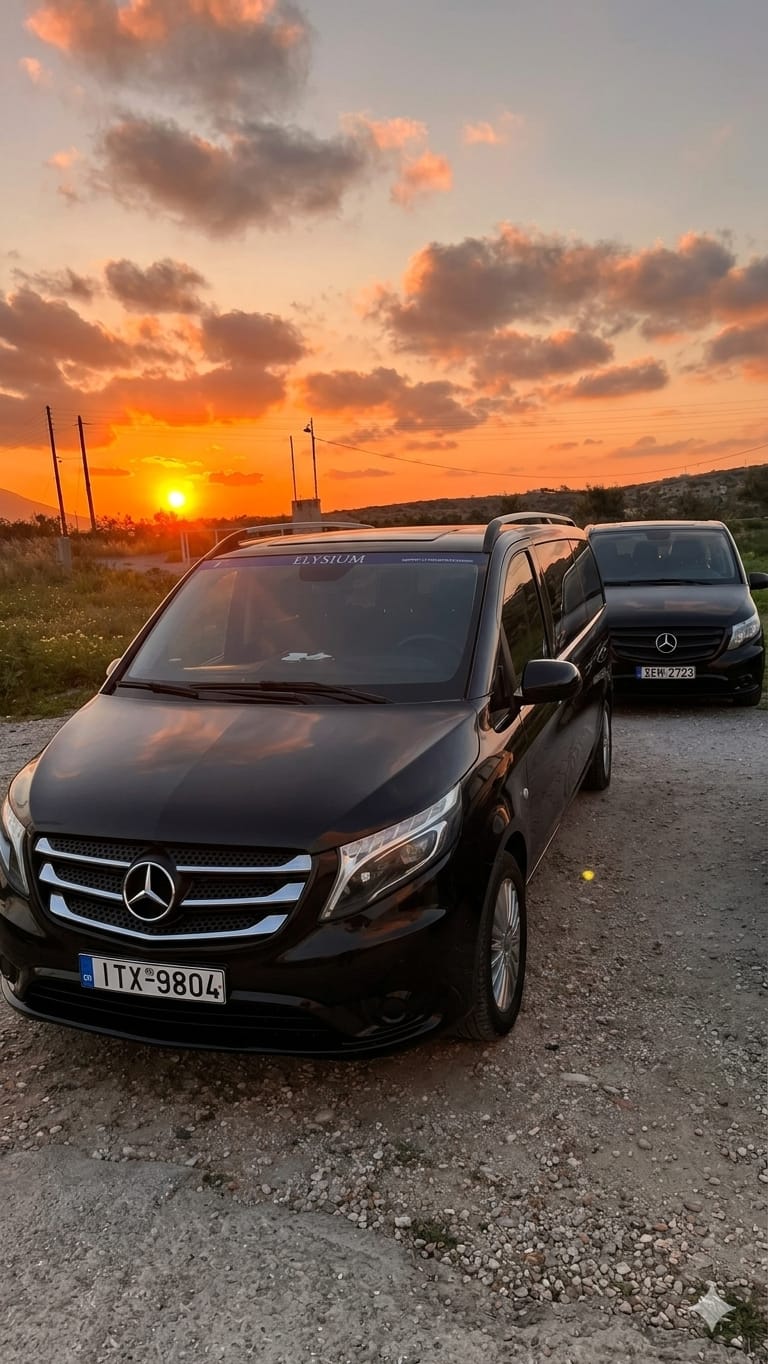 Elysium Transfer Milos vehicles at sunset on Milos